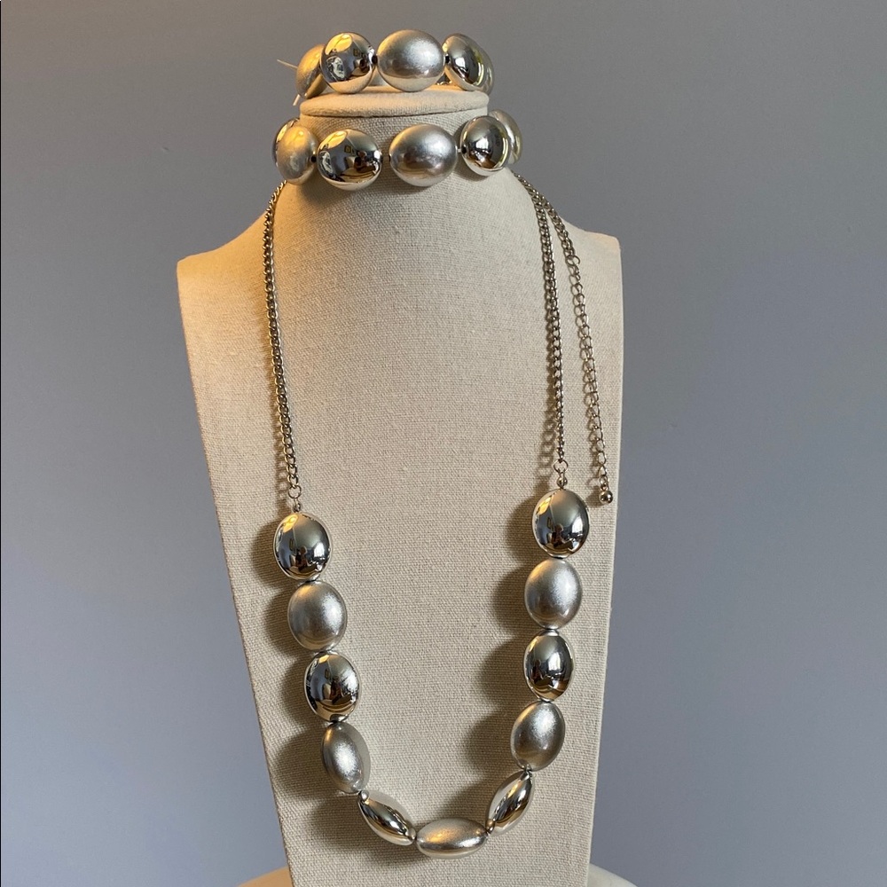 Set: Silver-tone Beaded Necklace and (2) Bracelet Set